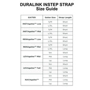 DURALINK INSTEP STRAP size guide showing which length is required for the various Gaiters in Kahtoolas Gaiter range. All available at ICEGRIPPER.