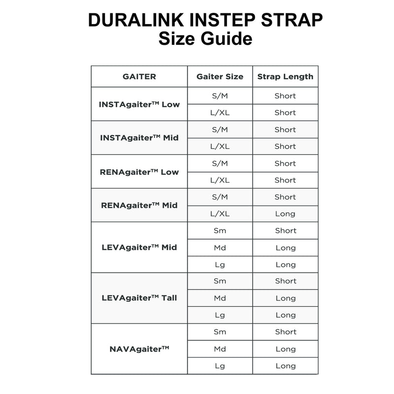 DURALINK INSTEP STRAP size guide showing which length is required for the various Gaiters in Kahtoolas Gaiter range. All available at ICEGRIPPER.