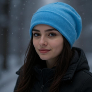 Model wearing ICEGRIPPER Long Beanie in Electric Blue in a snowy setting. Buy now at ICEGRIPPER.