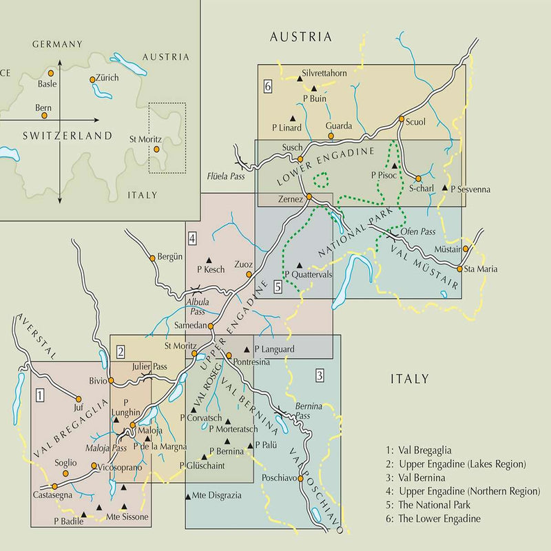 Overview Map showing sections covered in the Cicerone title 'Walking in the Engadine, Switzerland'. This guide book is available for purchase at ICEGRIPPER enabling you to plan and be guided throughout your adventure!