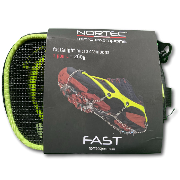 Nortec Fast Micro Crampons. Yellow pack shot. Buy now at ICEGRIPPER.