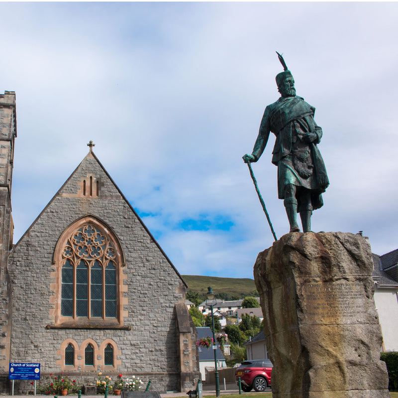 Famous landmark in Fort William.  Sir Donald Cameron of Lochiel Memorial, the statue stands at the north end of Fort William High Street. It was erected to the memory of Donald Cameron of Locheil, the 24th Chief of Clan Cameron. ICEGRIPPER Guide Book 'Walking Ben Nevis and Glen Coe' helps you plan your adventures in the area.