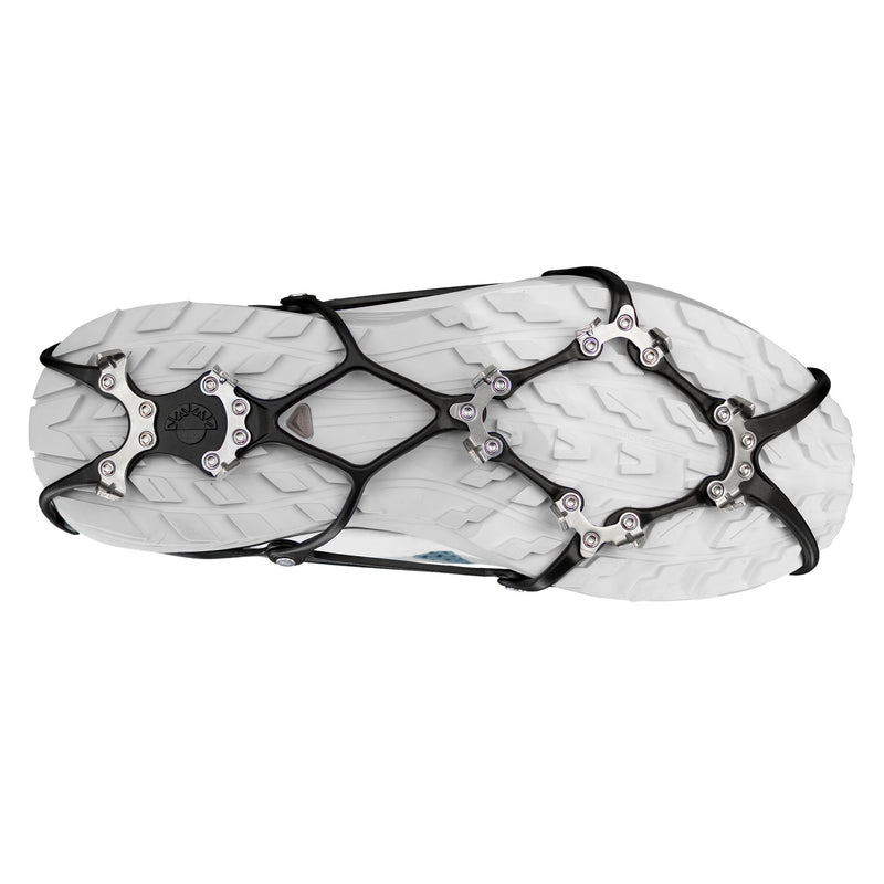 Bottom view f the Kahtoola Microspikes Ghost Traction Footwear showing the TPU matrix and 12 stainless steel spikes