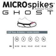 Kahtoola Microspikes Ghost footwear traction system with shoe illustration and size chart on a white background