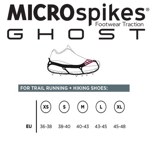 Kahtoola Microspikes Ghost footwear traction system with shoe illustration and size chart on a white background