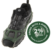 Green Kahtoola Microspikes on a trail shoe, showing elastomer sling and toe bale, with 2% green with a purpose info, from ICEGRIPPER