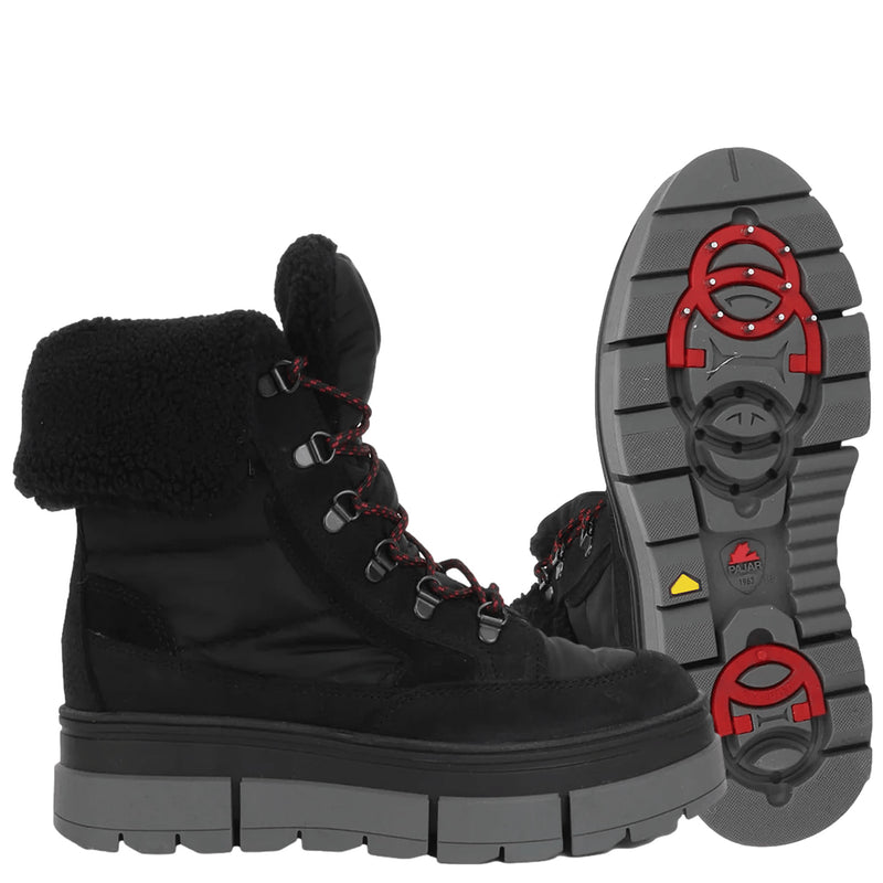 Pajar Henta OC Women's Waterproof Ice Gripper Winter Boot – Black. A pair of black winter boots with a plush black faux-fur collar and red laces, shown alongside a detailed view of their gray treaded sole featuring the OC on/off ice grip system.