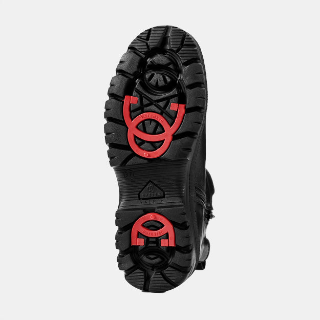 Ilves Harads rubber outsole showing the built-in red OCSystem forefoot and heel ice grips.