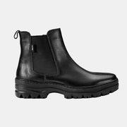 Side profile of Ilves Harads Black men's leather Chelsea winter boots with elastic side panel and OCSystem ice grips.