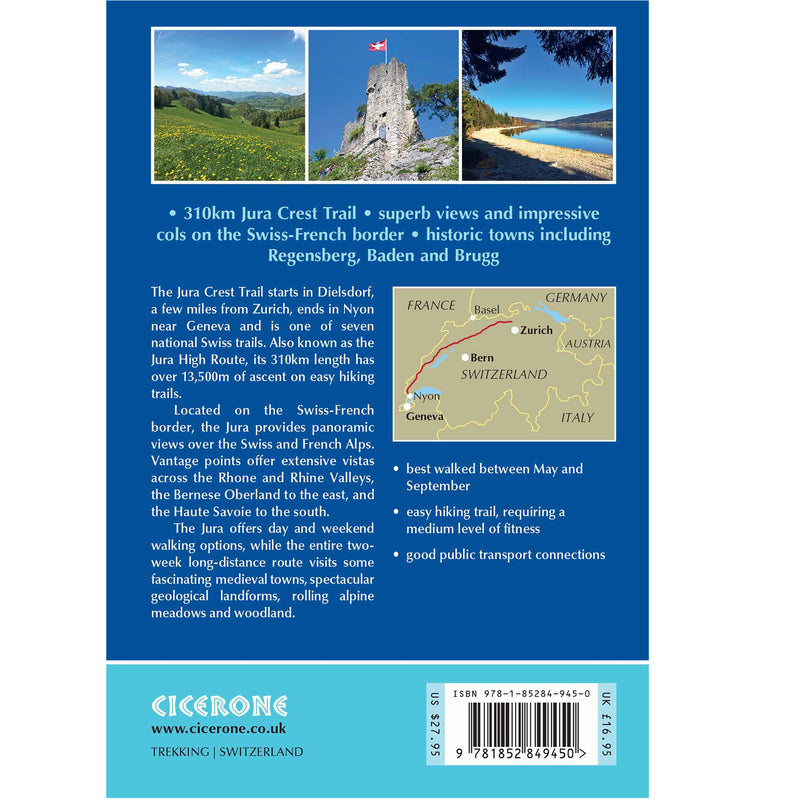 Rear cover of Switzerland's Jura Crest Trail Guide Book, now available at ICEGRIPPER.