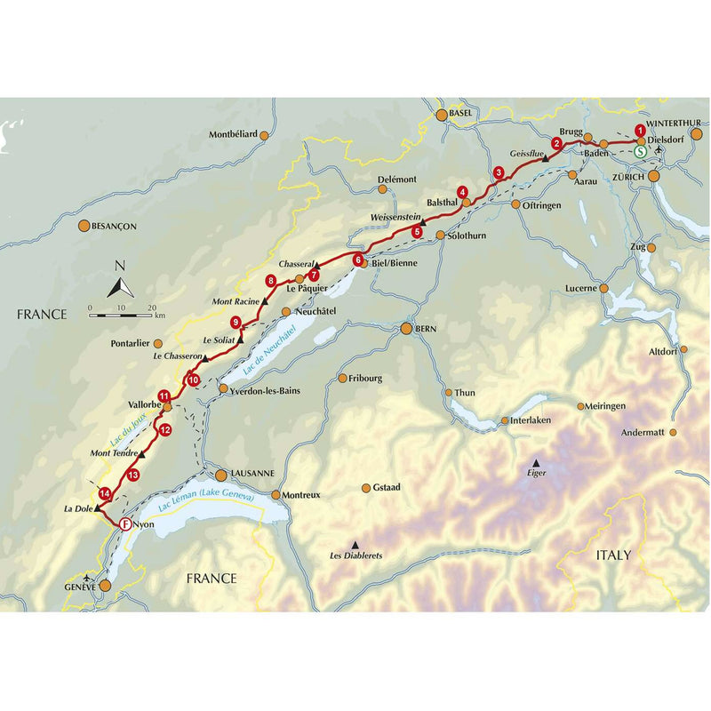 Overview map of the 14 stages detailed in the Switzerland's Jura Crest Trail guide book - now available at ICEGRIPPER.