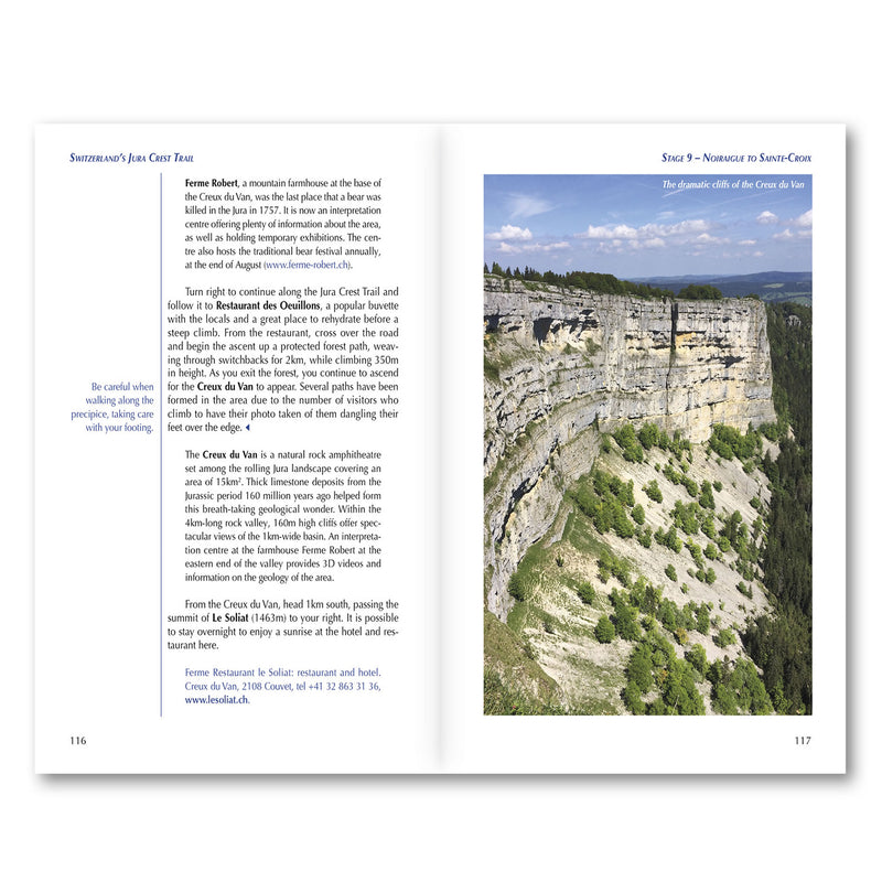 Switzerland's Jura Crest Trail Guide Book. Showing details of Stage 9 Noiraigue to Sainte-Croix. Showing photos of the of the Creux de Van, a natural rock amphitheatre.