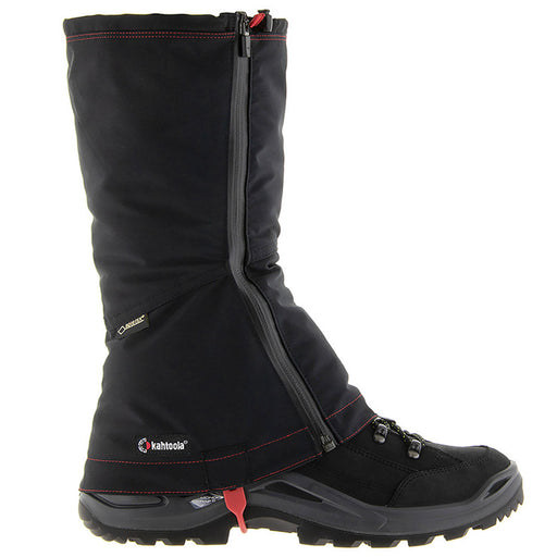 Black Kahtoola LEVAgaiter GTX TALL gaiter on a black trekking boot. Buy yours now at ICEGRIPPER