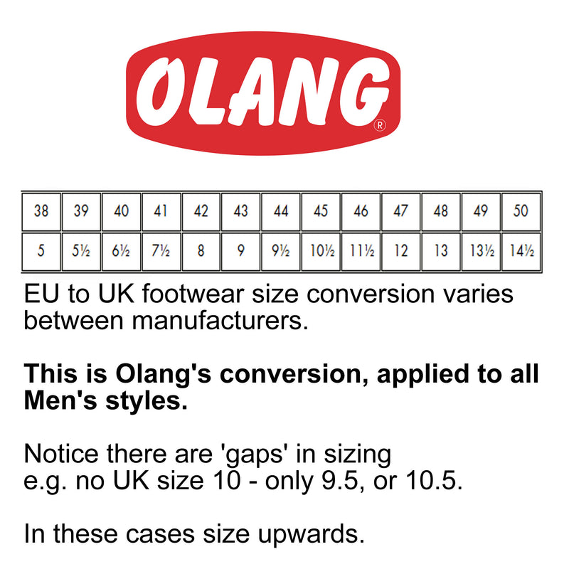 Olang brand size conversion chart for EU to UK footwear for Men's styles.