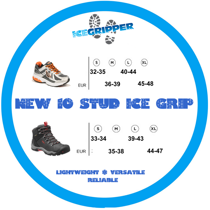 New ICEGRIPPER Ten Stud Ice Grip Size Guide buy at www.icegripper.co.uk