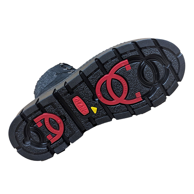 A close-up of the black textured shoe sole of the Olang Praga. With prominent deep tread profile and the OC System integrated on/off ice grip system. Shown on a plain white background.