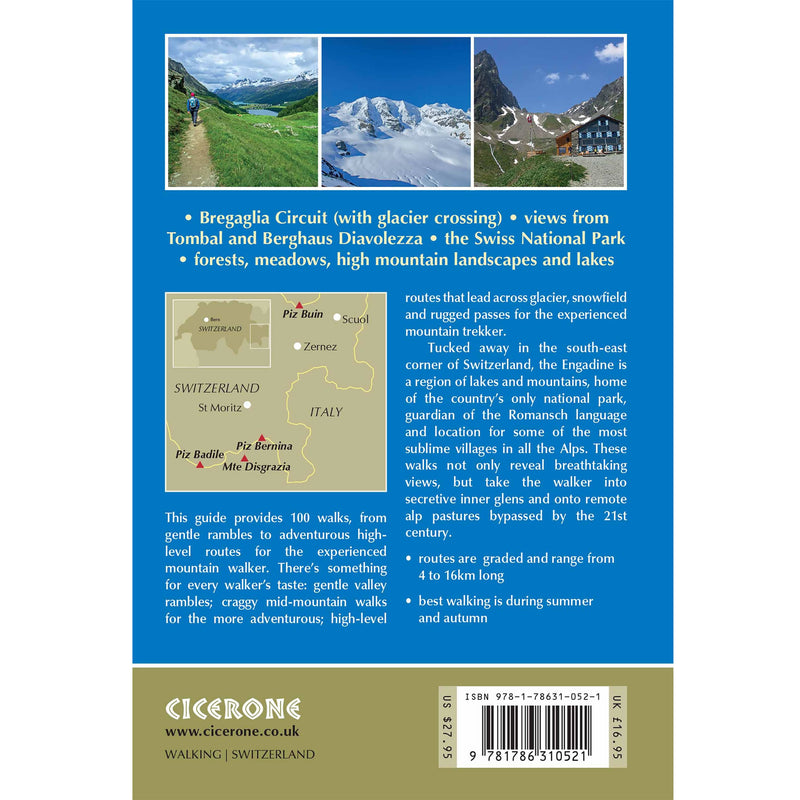 Back cover of the Trekking the Engadine guide book with mountain scenery and text about hiking routes in Switzerland.