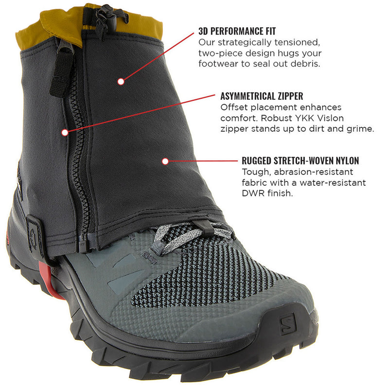 Kahtoola RENAgaiter features, including 3D Performance fit, Asymmetrical Zipper and Rugged Stretch Woen Nylon construction. Buy now at ICEGRIPPER.