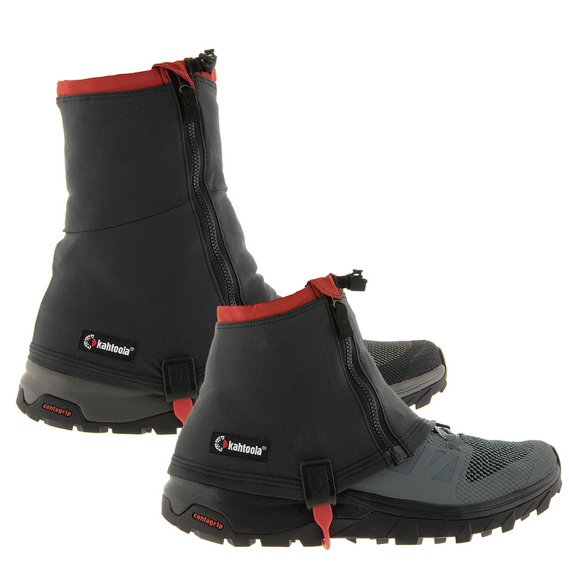 Kahtoola RENAgaiter Low and Mid shown together worn on a trail shoe, to demonstrate the height difference. Buy now at ICEGRIPPER.