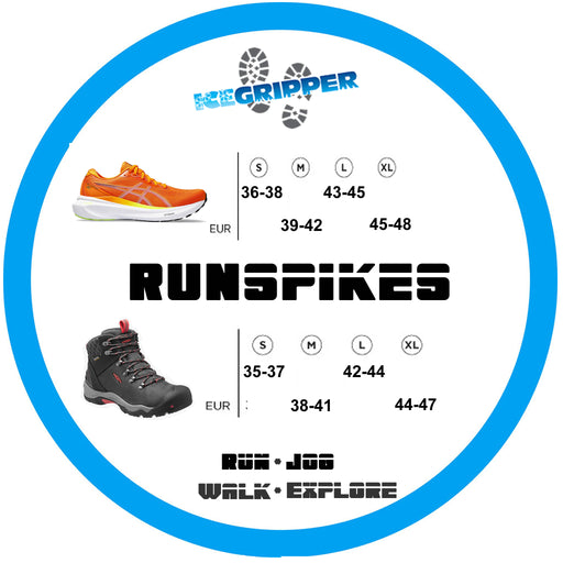 Although ICEGRIPPER RUNspikes are manufactued and sized specifically to be worn with trainers and running shoes, they can be worn on hiking and other boots. The size guide shows the allowance required if purchasing the product to be worn on that type of footwear