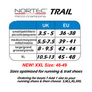 Nortec TRAIL size guide from ICEGRIPPER
