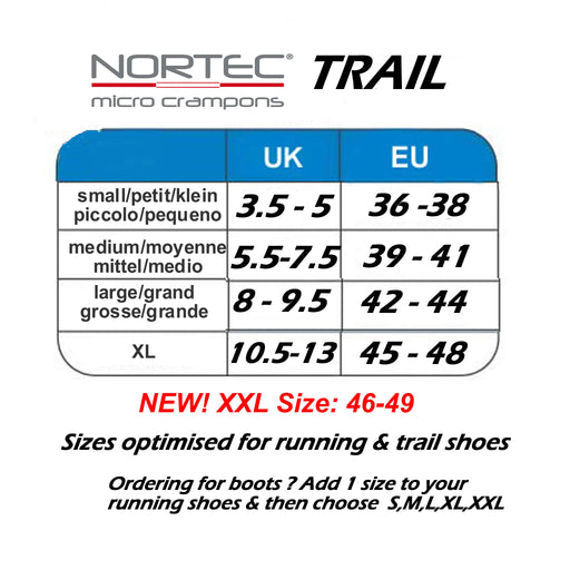 Nortec TRAIL size guide from ICEGRIPPER