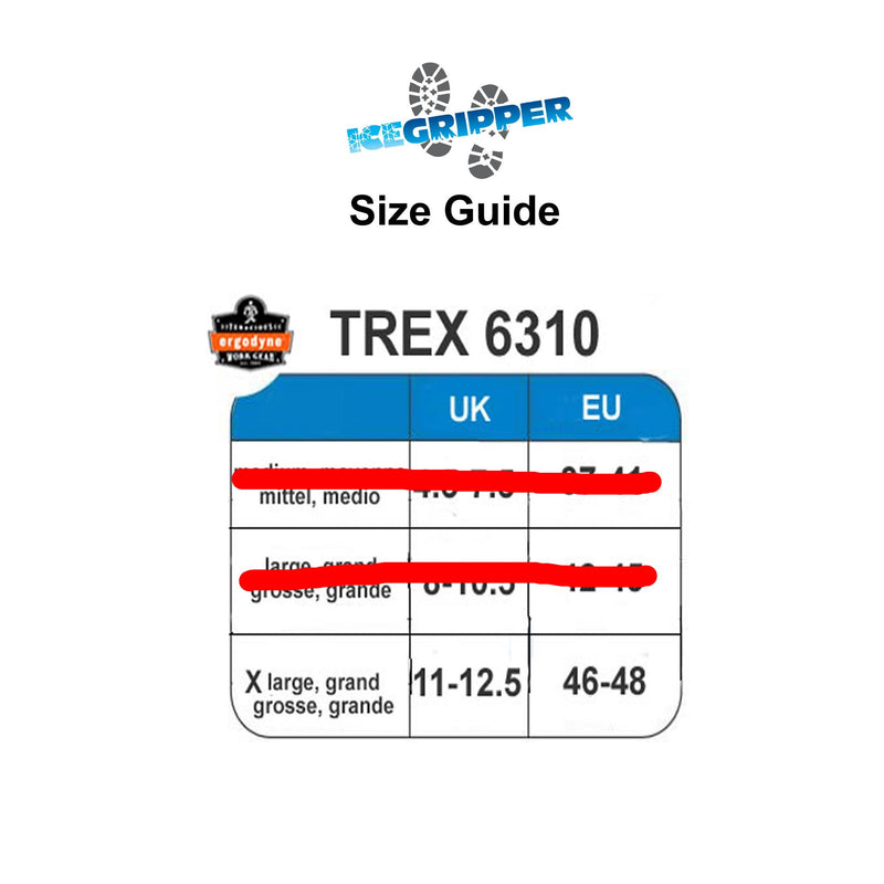 ERGODYNE TREX 6310 size guide at ICEGRIPPER