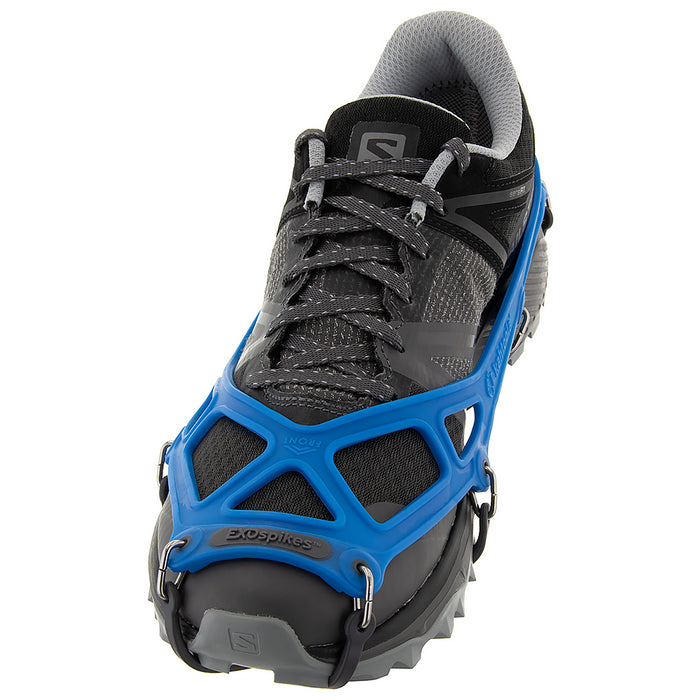 Blue Exospikes on a trail shoe - ICEGRIPPER