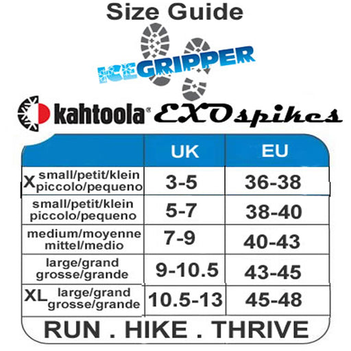 Kahtoola Exospikes size guide from ICEGRIPPER