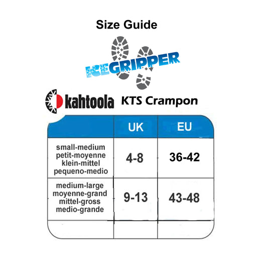 Kahtoola KTS Crampon size guide from ICEGRIPPER
