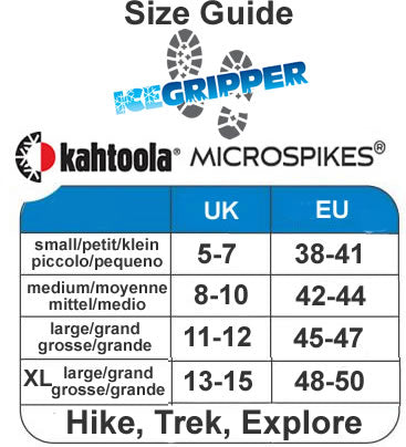 Kahtoola Microspike size guide from ICEGRIPPER