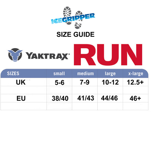 Yaktrax Run size guide from ICEGRIPPER