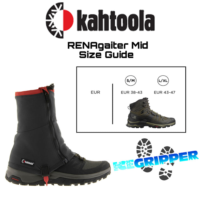 Kahtoola Renagaiter Mid, Ultra Tough Breatheable Gaiter size guide from ICEGRIPPER