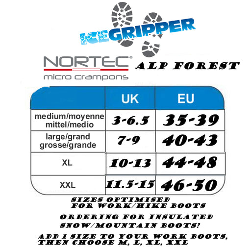 Nortec Alp Forest Micro Crampons size guide from ICEGRIPPER