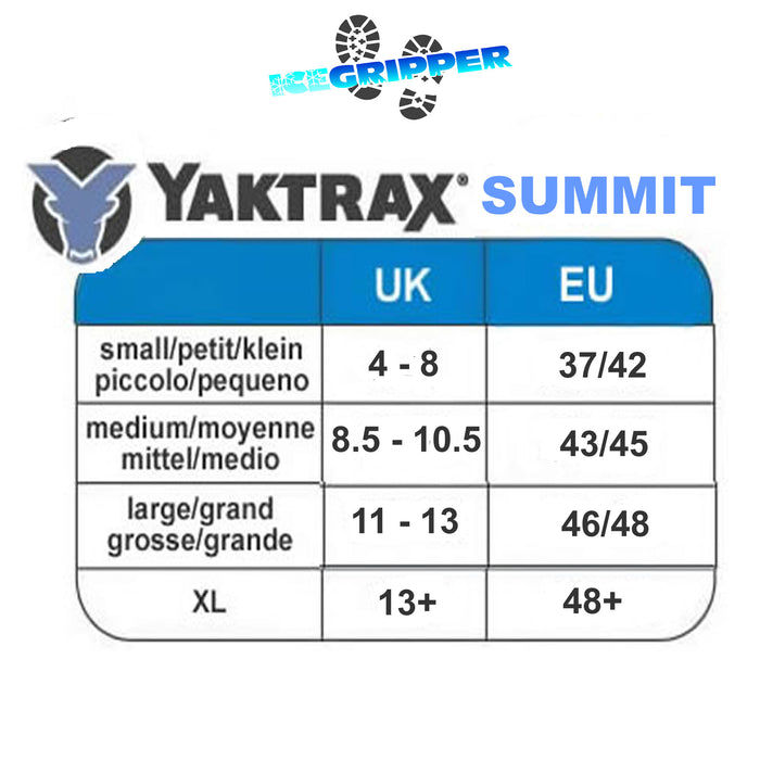 Yaktrax Summit size guide from ICEGRIPPER